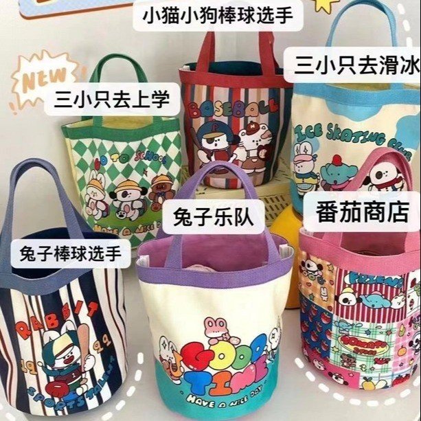 canvas bucket bag cute graffiti children's fun illustration portable round barrel mummy storage bag lunch box bag work small carrying bag full figure