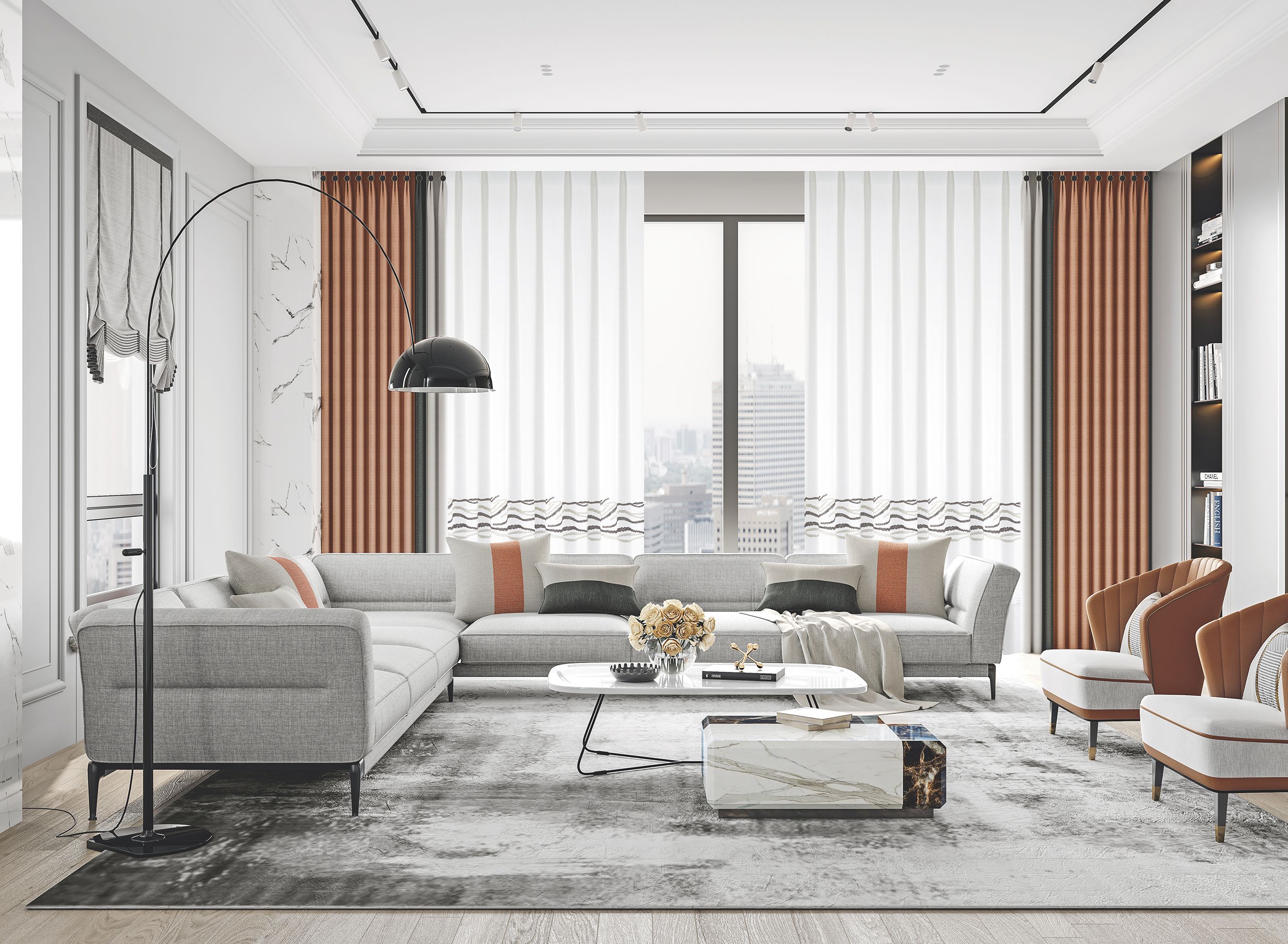 德国艾仕现代简约窗帘布艺现代简约轻奢窗帘高精密提花橙色拼接高档客厅卧室遮光  