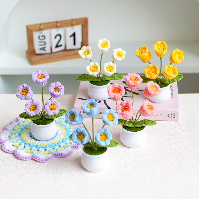 finished hand-woven linglan potted home decoration knitted artificial flower wool crocheted bouquet fake flower gift Application Scenario