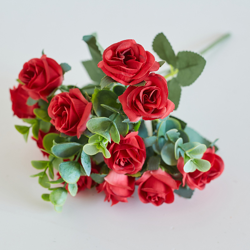 artificial flower eucalyptus exquisite rose artificial flower dining table small rose silk flower small handle rose hotel ornamental flower wholesale Item Picture