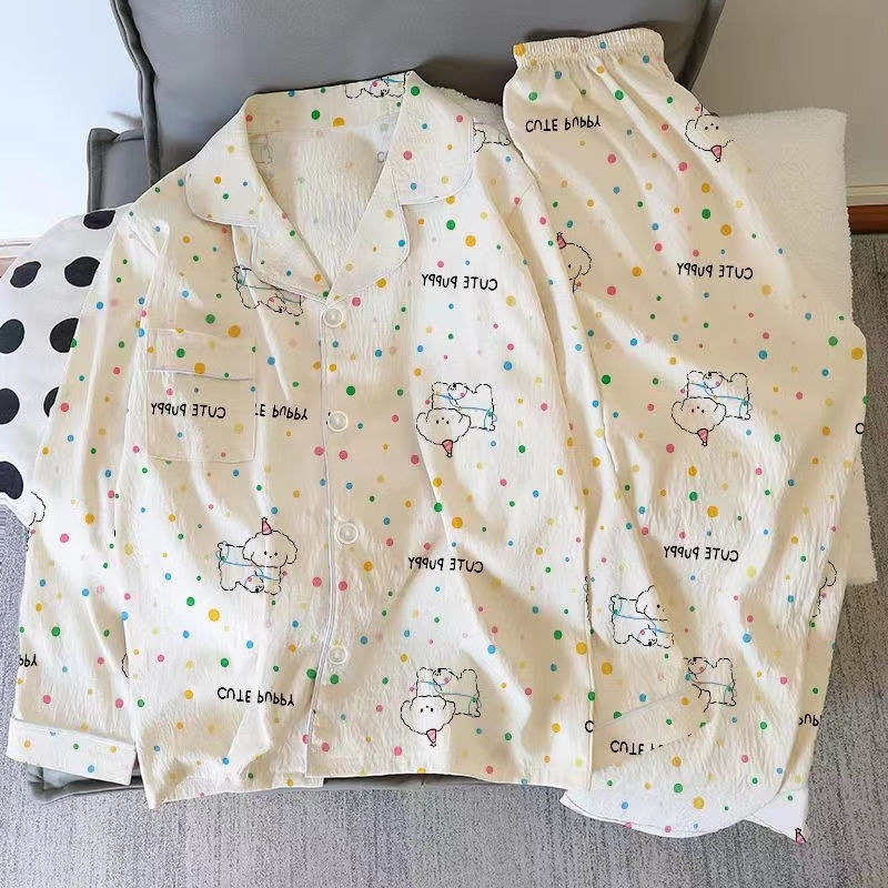 japanese floral pajamas women's spring and autumn new cloud cotton cute lace cardigan long sleeve pants homewear suit details Picture