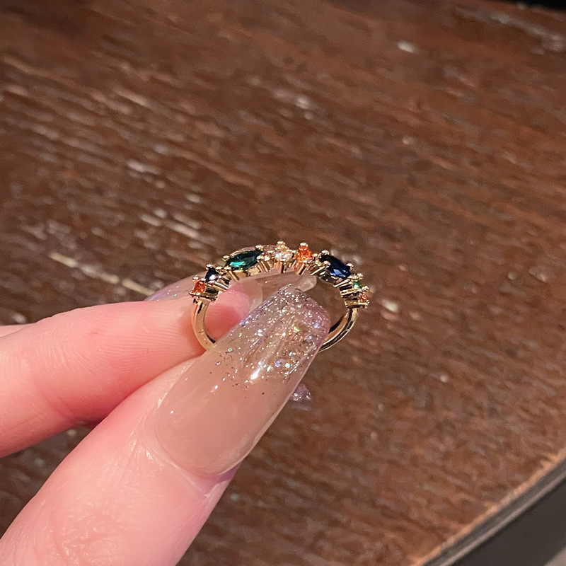 new high-grade simple fashion all-match mid-ancient ornament women's special-interest design colored gems color open-end zircon ring Item Picture