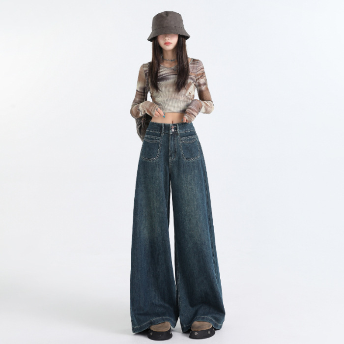 4443 retro high waist wide leg jeans for women casual loose slimming straight wide-leg pants autumn full figure