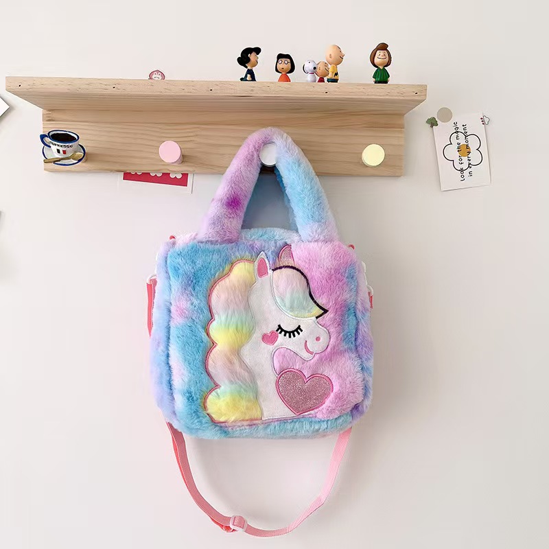 colorful unicorn handbag shoulder plush bag plush women's bag toy large capacity crossbody bag factory wholesale Specification drawing