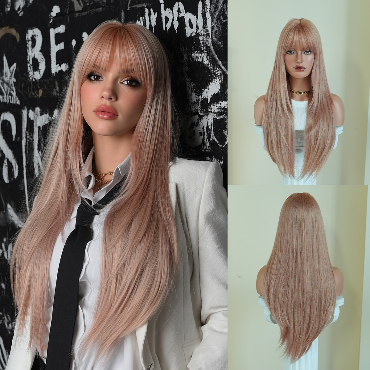 wig female fashion round face layers super long straight hair black full top wig straight bangs high quality chemical fiber full-head wig details Picture