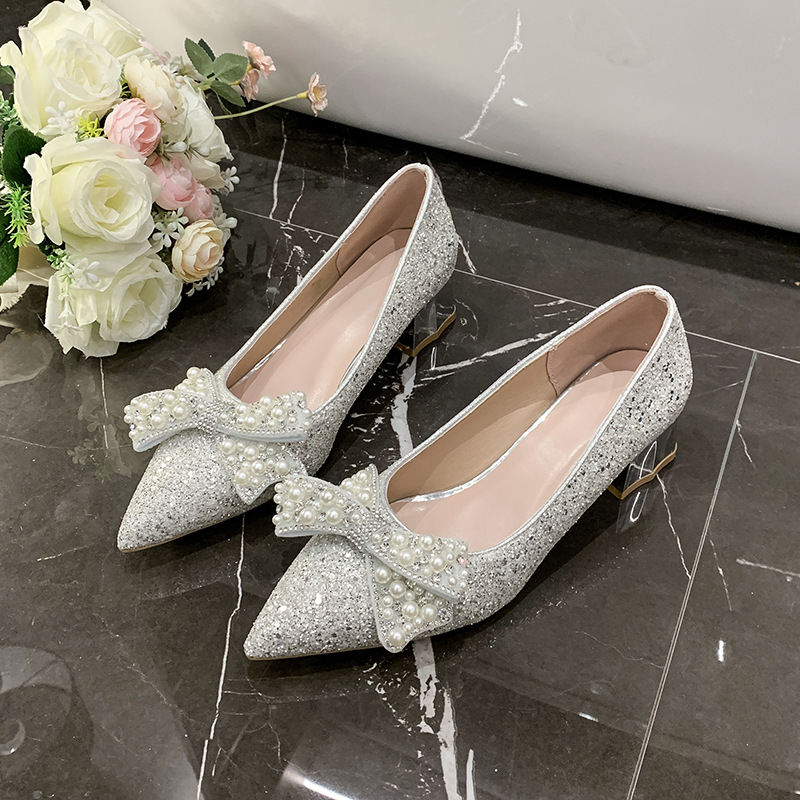 two-way pregnant women crystal shoes flat feet wedding shoes bridal heel main wedding dress not tired chunky heel high heels women Specification drawing