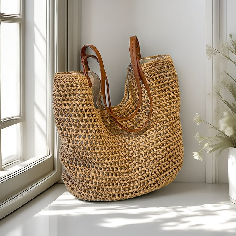 hand-woven cotton package large capacity beach bag handbag casual hollow shoulder bag women's ins style mori style ancient details Picture