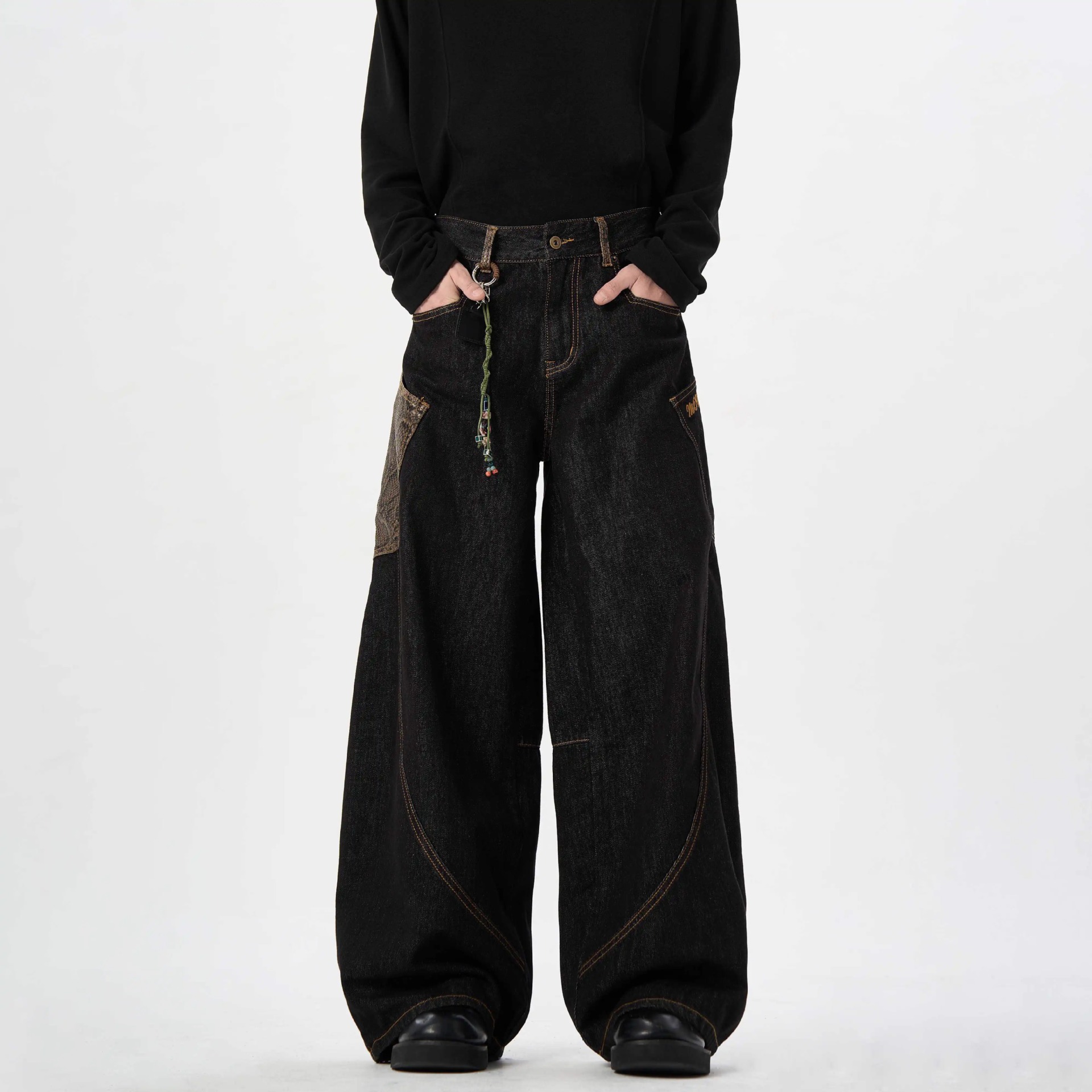 american retro plaid stitching machete jeans men's spring and autumn new personality street vibe wide-legged versatile trousers details Picture