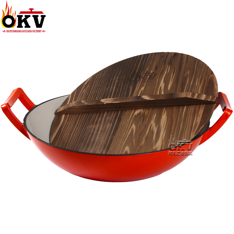 enamel enamel 36cm wok double-ear cast iron thickened one pot universal with wooden lid cast iron wok pan Item Picture