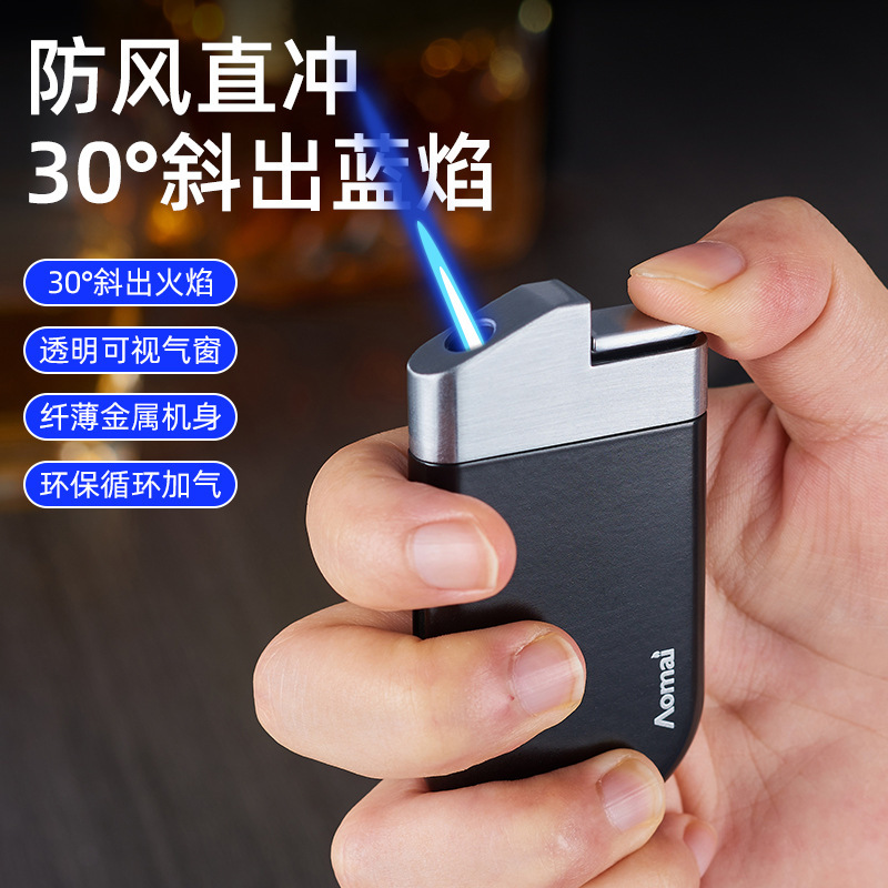 cross-border supply am7209 creative oblique fire direct punch gas lighters metal visual gas chamber windproof cigarette lighter Specification drawing