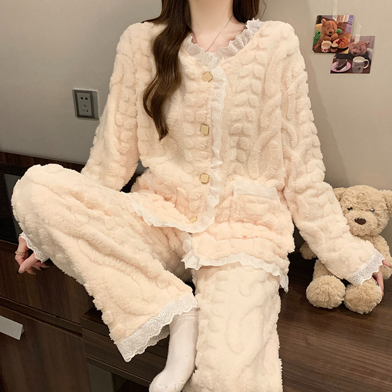 coral velvet pajamas women's autumn and winter new korean style sweet classic style winter fleece-lined thickened warm loungewear suit Item Picture