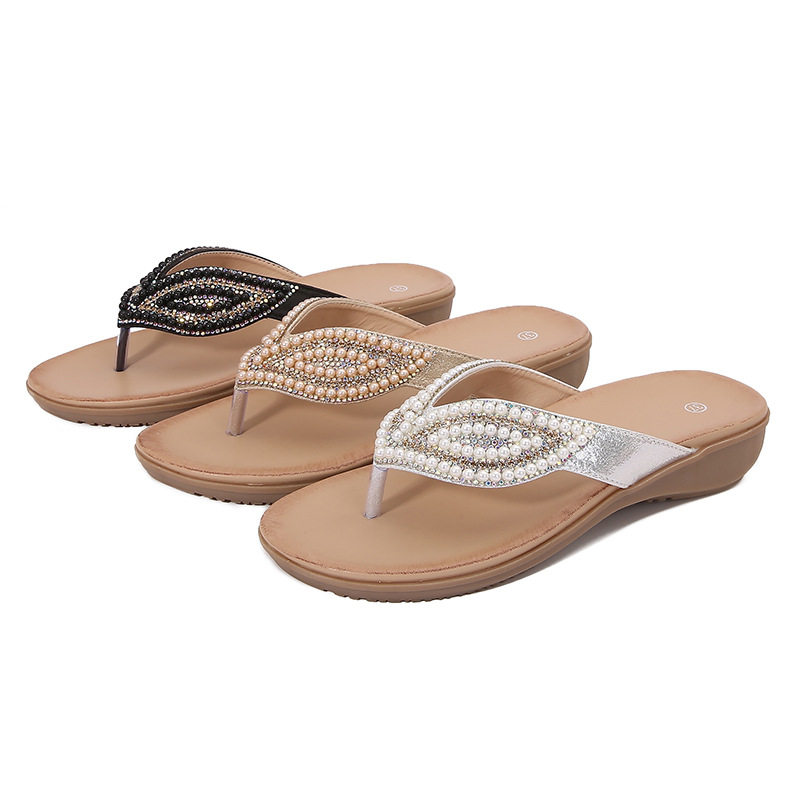spring 2025 new bohemian sandals round toe flat bottom sandals women's rhinestone cross-border plus size women's sandals Item Picture