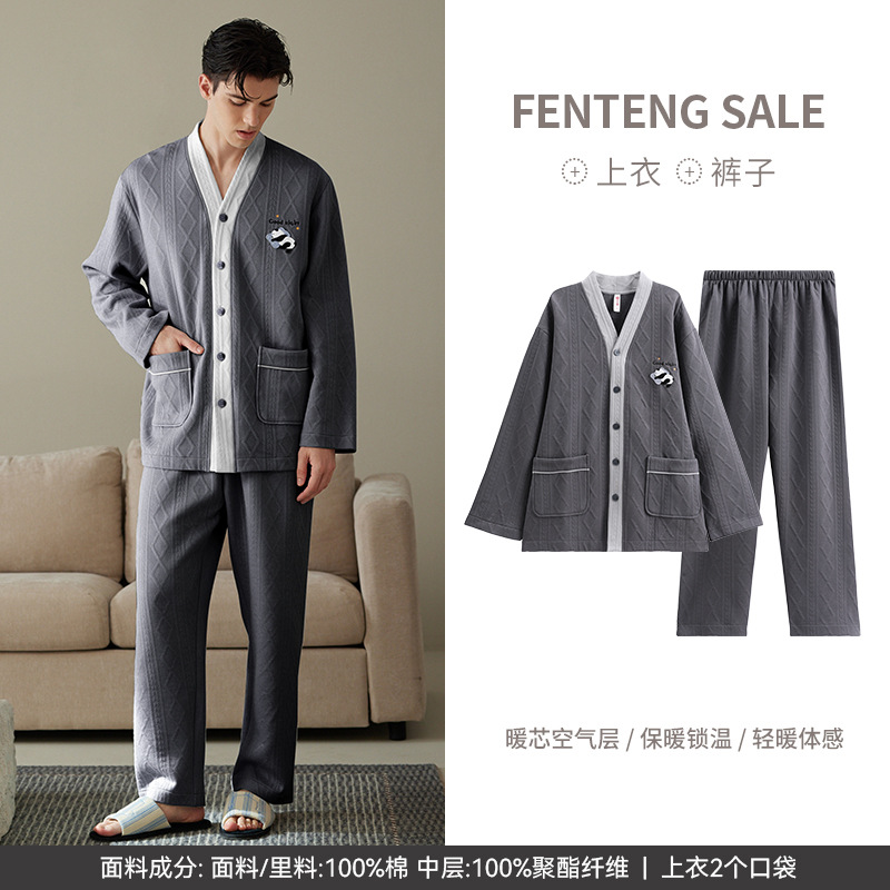 [air cotton sandwich] couple pajamas cotton thickened long sleeve autumn and winter set plus size can be outerwear homewear details Picture