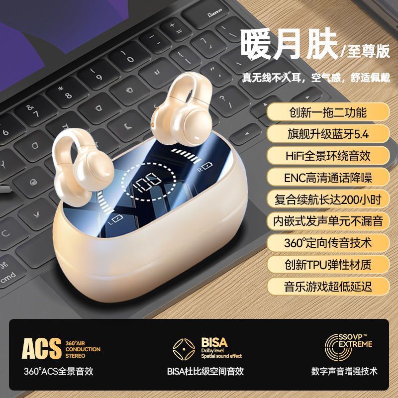 2025 new non-entry ear clip ear headset bone conduction wireless bluetooth headset ultra-long life battery smart large digital display Specification drawing