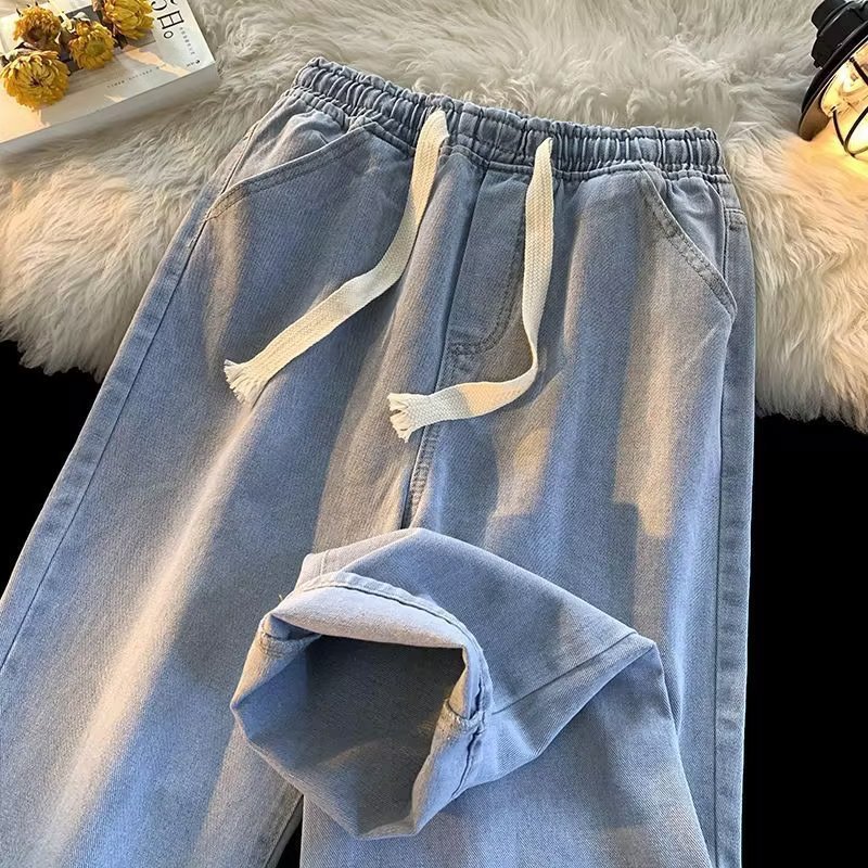 elastic waist jeans men's high-grade straight loose american high street retro wholesale cross-border foreign trade dried shrimp hot sale full figure