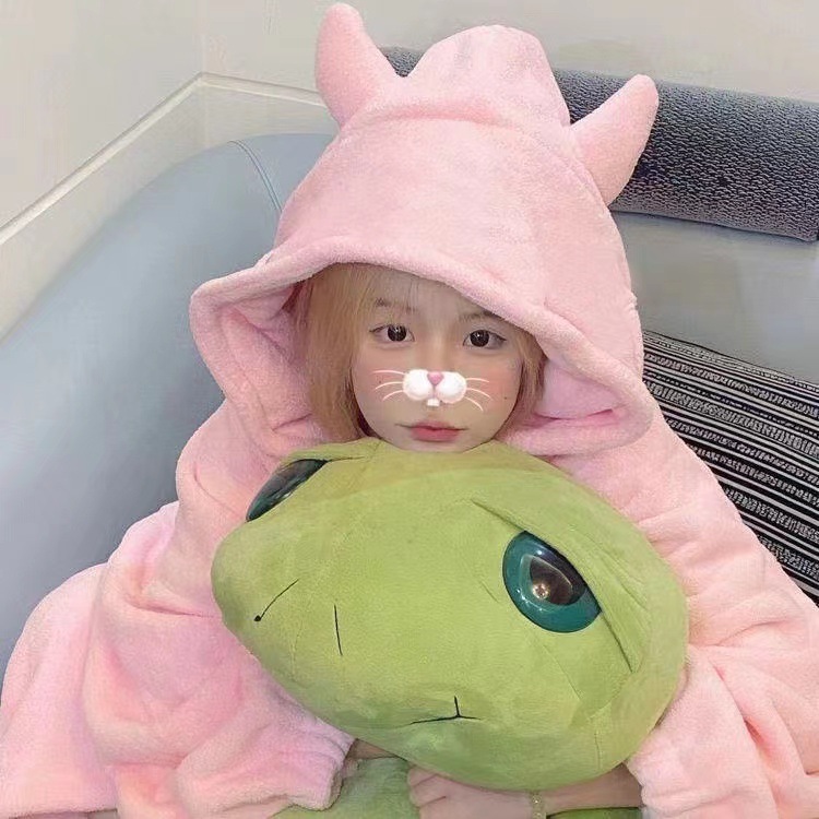 cute little monster nightgown women's winter long velvet lining thick coral fleece one-piece pajamas winter hooded tracksuit Item Picture