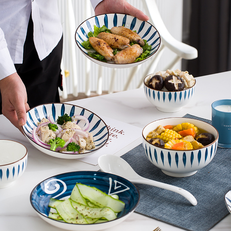 japanese style bowl dish & plate tableware set household jingdezhen underglaze ceramic fish plate wholesale noodle bowl soup bowl full figure