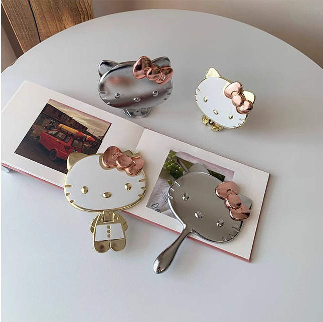 girls' kitty mini mirror cute portable handle portable mirror handheld mirror foldable internet celebrity princess mirror details Picture