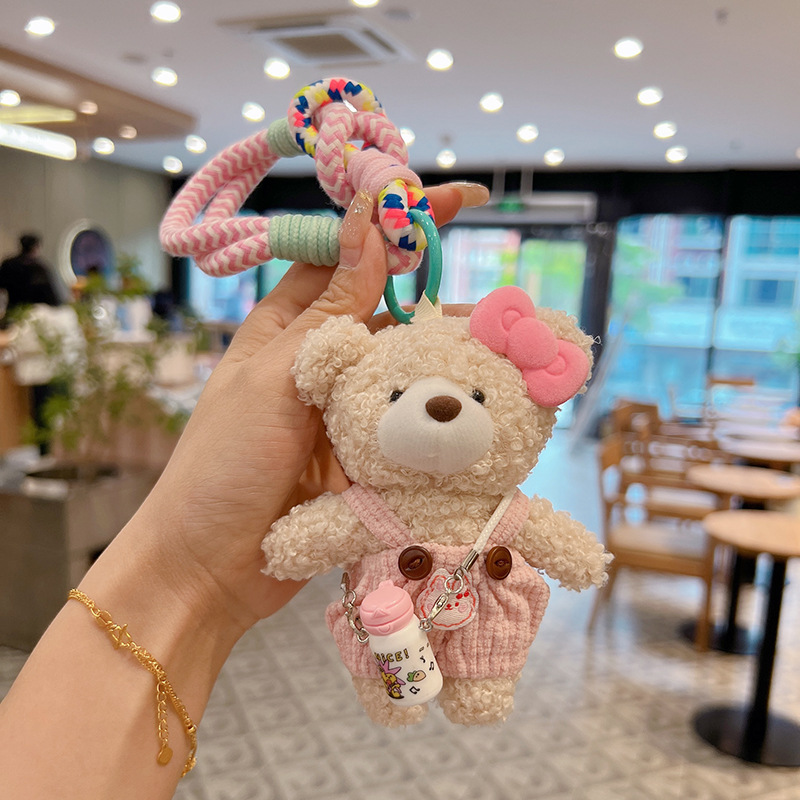 cute cup suspender pants terry bear keychain plush doll bag bag charm stay cute doll pendant for women details Picture