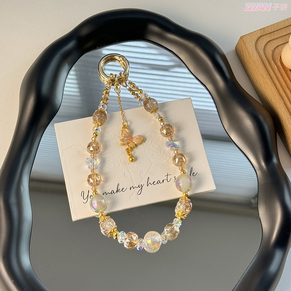 affordable luxury style original beaded popcorn crystal beads mobile phone charm alloy butterfly high sense gold beads key chain Specification drawing
