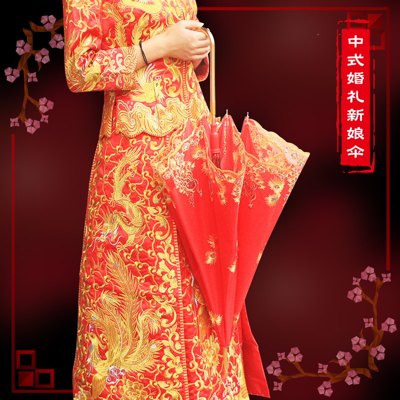 red umbrella wedding bride umbrella wedding ceremony high-grade lace embroidered red long handle celebration umbrella details Picture