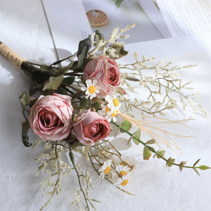 high-grade realistic retro burnt edge rose daisy fake/artificial flower bouquet dried flower home table decoration ornaments Specification drawing