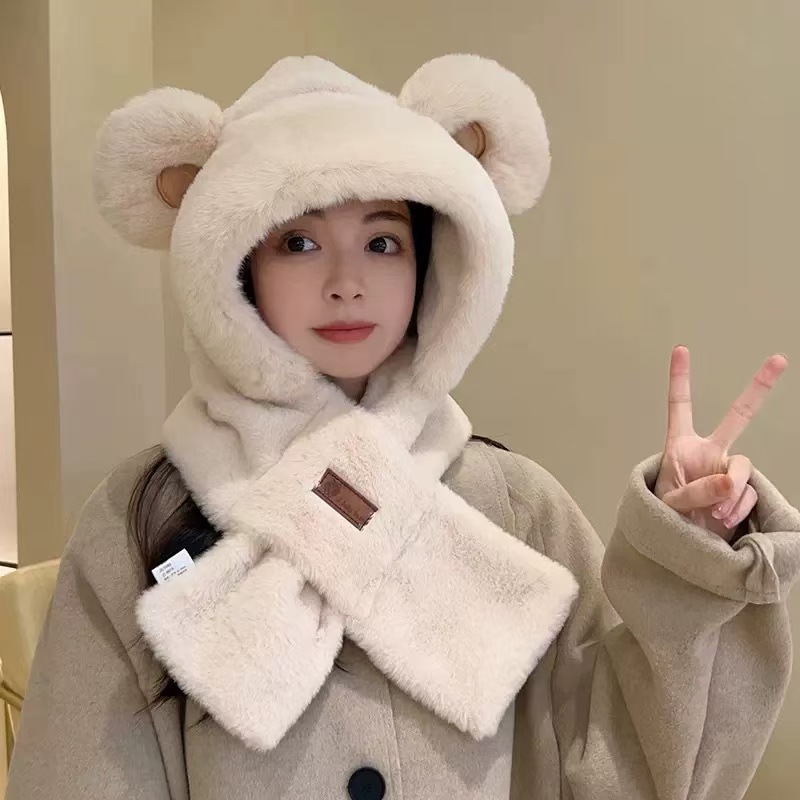 new bear hat scarf integrated female winter korean style all-matching thick warm riding electric car windproof earflaps Item Picture
