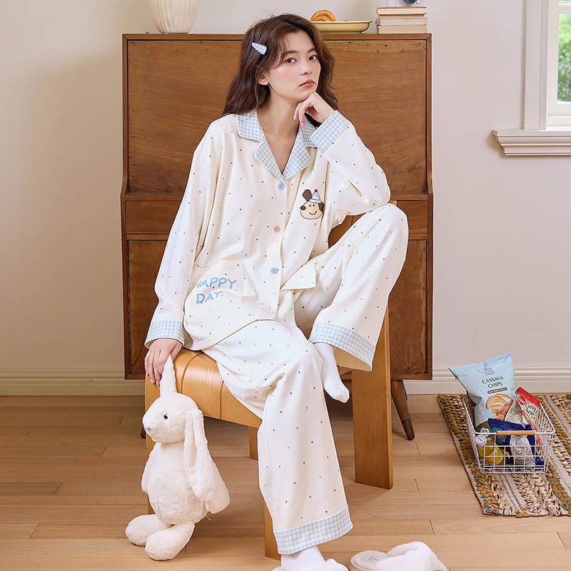 pajamas women's spring and autumn 2025 new pure cotton long sleeve plaid cardigan cartoon cotton plus size homewear suit details Picture