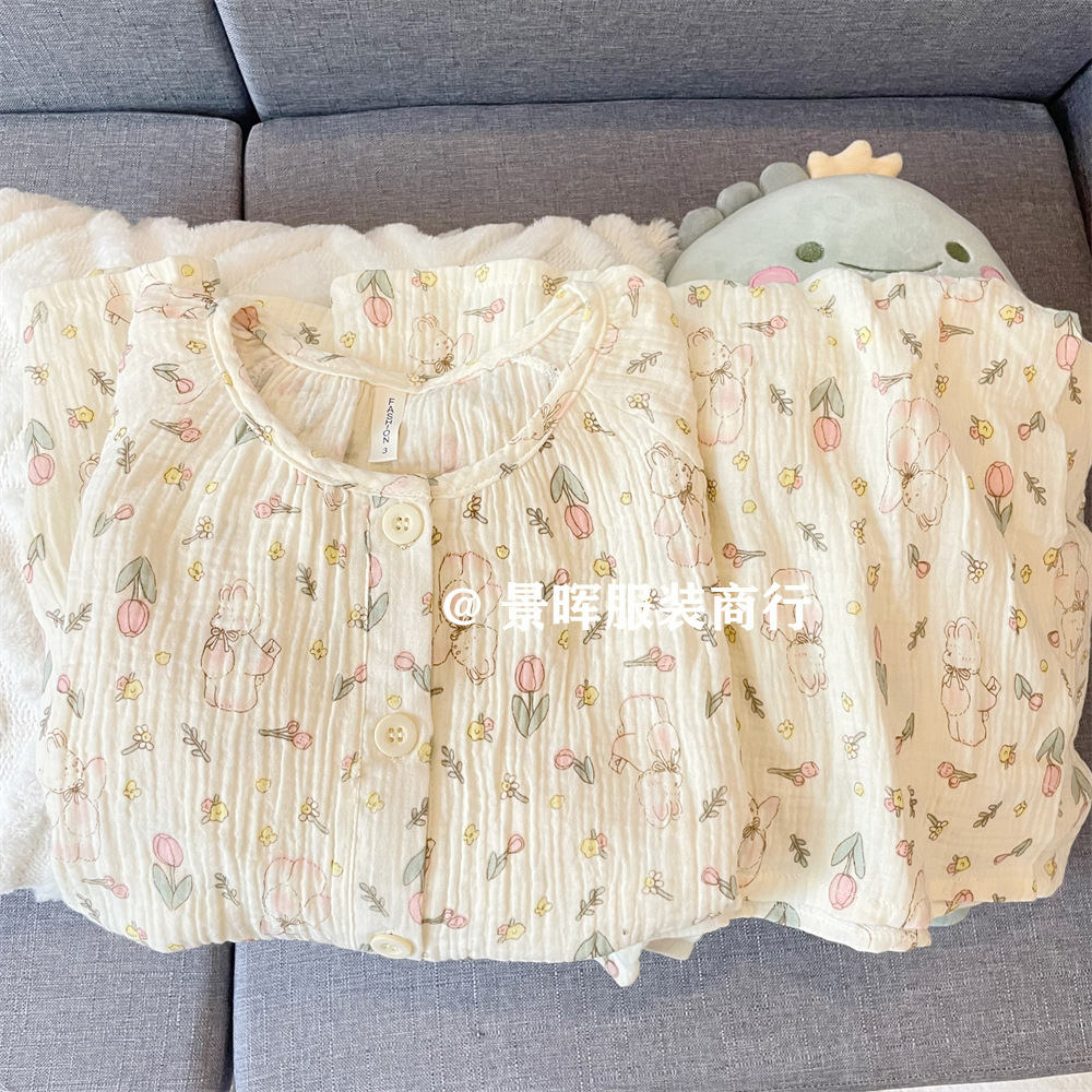 double pure cotton gauze pajamas women's spring and autumn new long-sleeved trousers internet celebrity sweet cute rabbit cardigan homewear details Picture