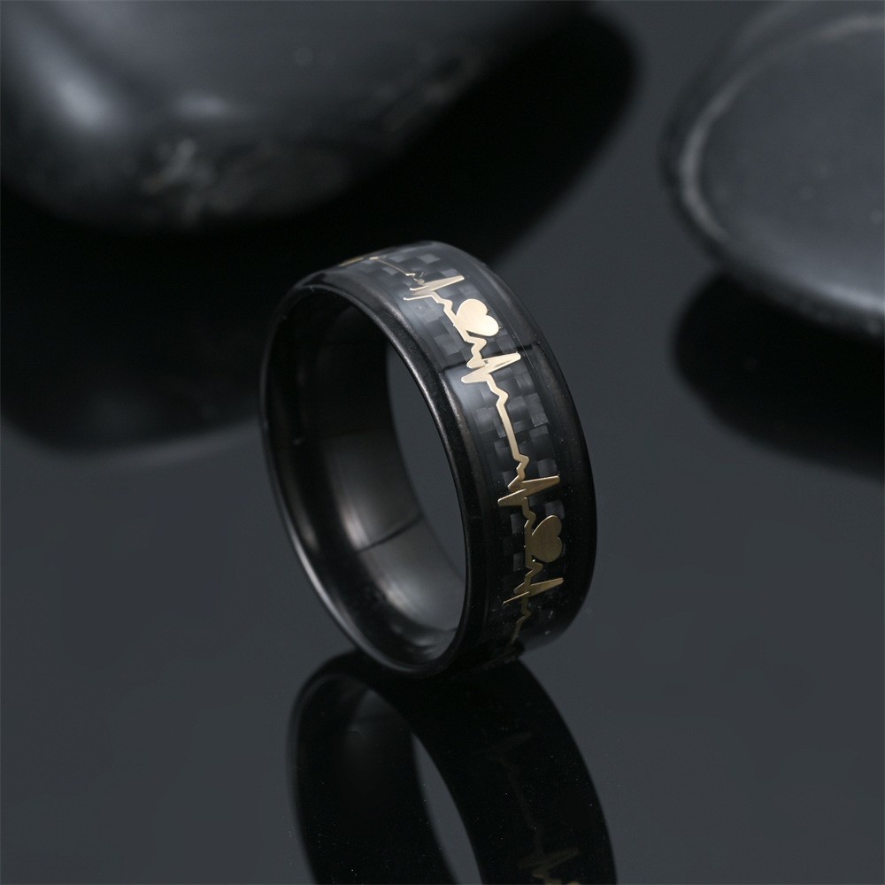 daihao ornament 8mm chamfered inlaid black carbon fiber golden heart rate high quality stainless steel ring factory full figure