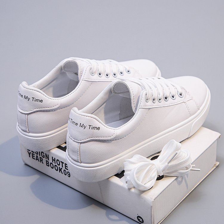 white shoes for female students korean style very match spring and autumn leather flat running shoes sports shoes breathable women's board shoes Item Picture