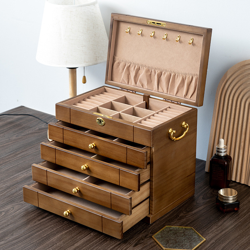solid wood jewelry box vintage organizer box with lock necklace earring ring finishing wooden storage jewelry box exquisite full figure