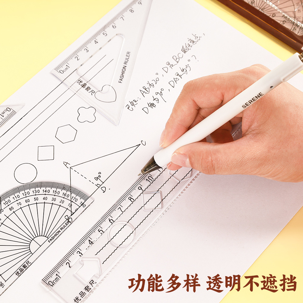 creative inspirational ruler sets student four-piece set good-looking transparent ruler set square protractor rulers set wholesale Specification drawing