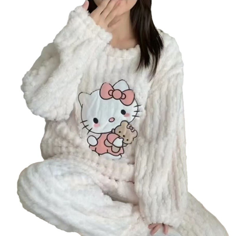 cartoon  coral velvet pajamas women's 2025 winter new fleece-lined thickened loungewear winter warm long sleeves suit Item Picture
