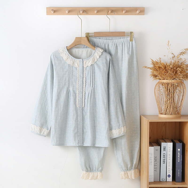 spring and autumn cotton gauze pajamas women's sweet cute lace thin long sleeve outerwear homewear suit Application Scenario