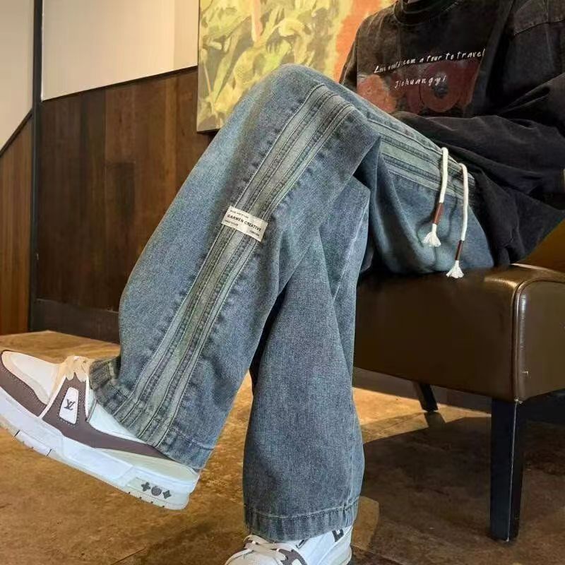 teen pants men's fashionable elastic waist jeans men's spring and autumn loose straight wide leg high street american trousers full figure