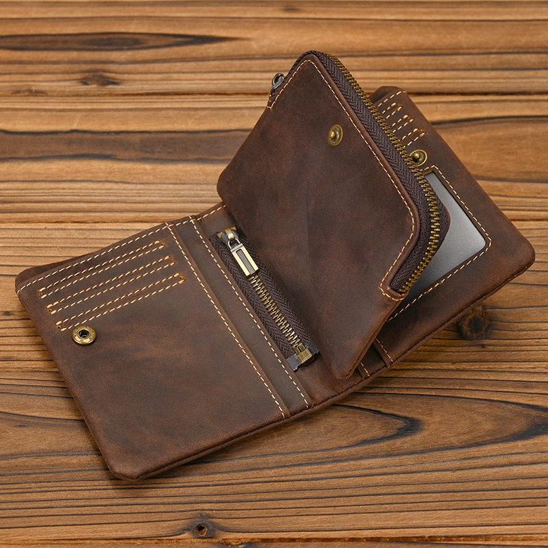 new vintage leather short wallet with zipper coin pocket snap button wallet crazy horse leather two fold multiple card slots wallet details Picture