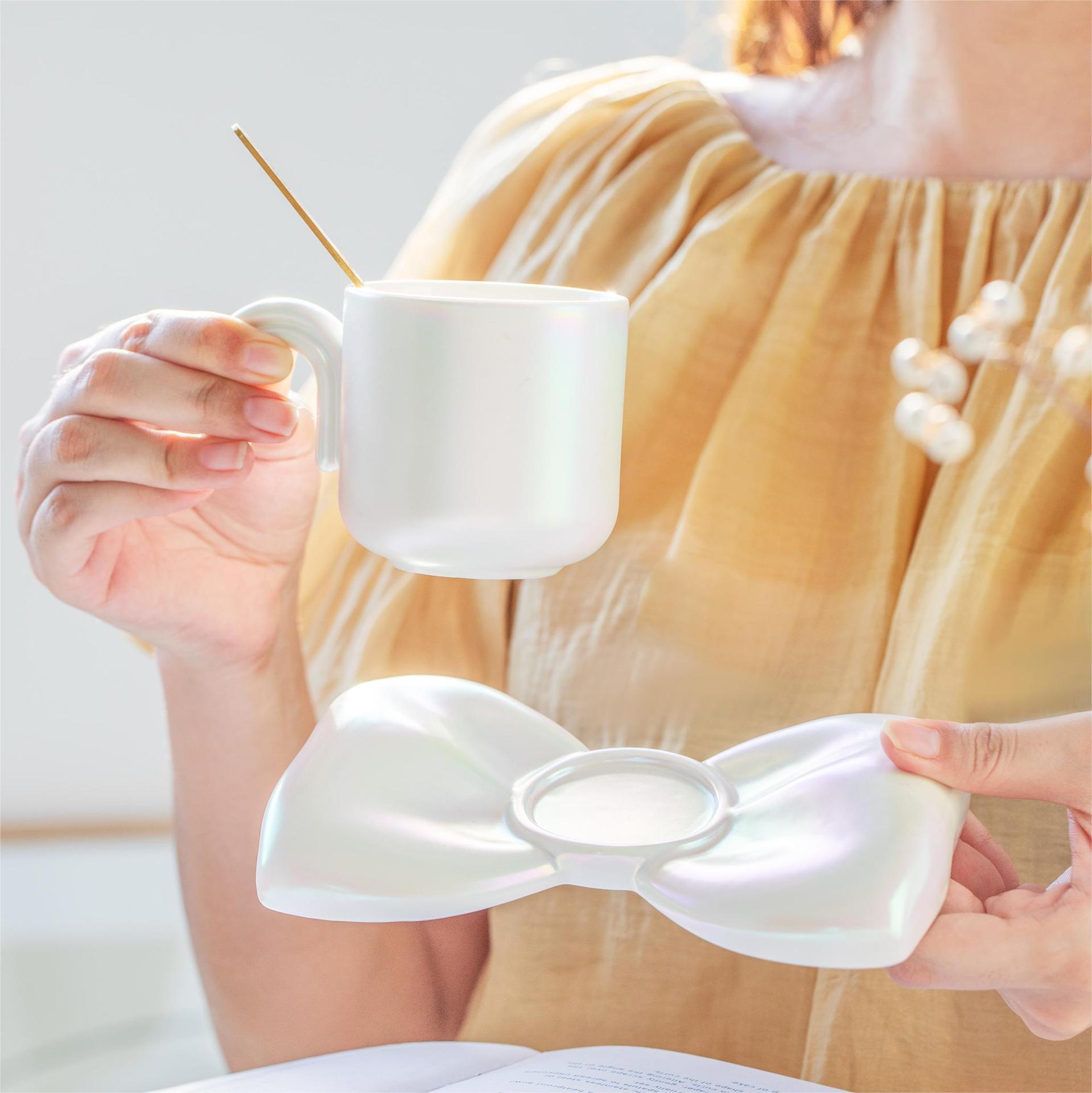 creative electroplating beads bright bow coffee set ceramic ins style cup three-dimensional mug couple water cup full figure