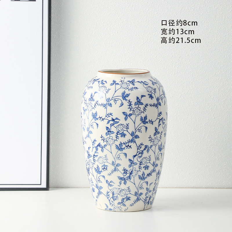 high-end retro new chinese blue and white porcelain vase three-piece guest restaurant flower arrangement domestic ornaments full figure