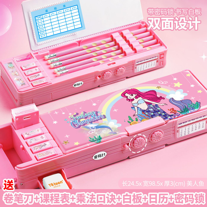new cartoon magnetic stationery box ins good-looking children's double layer pencil box primary school students learning stationery pencil case full figure