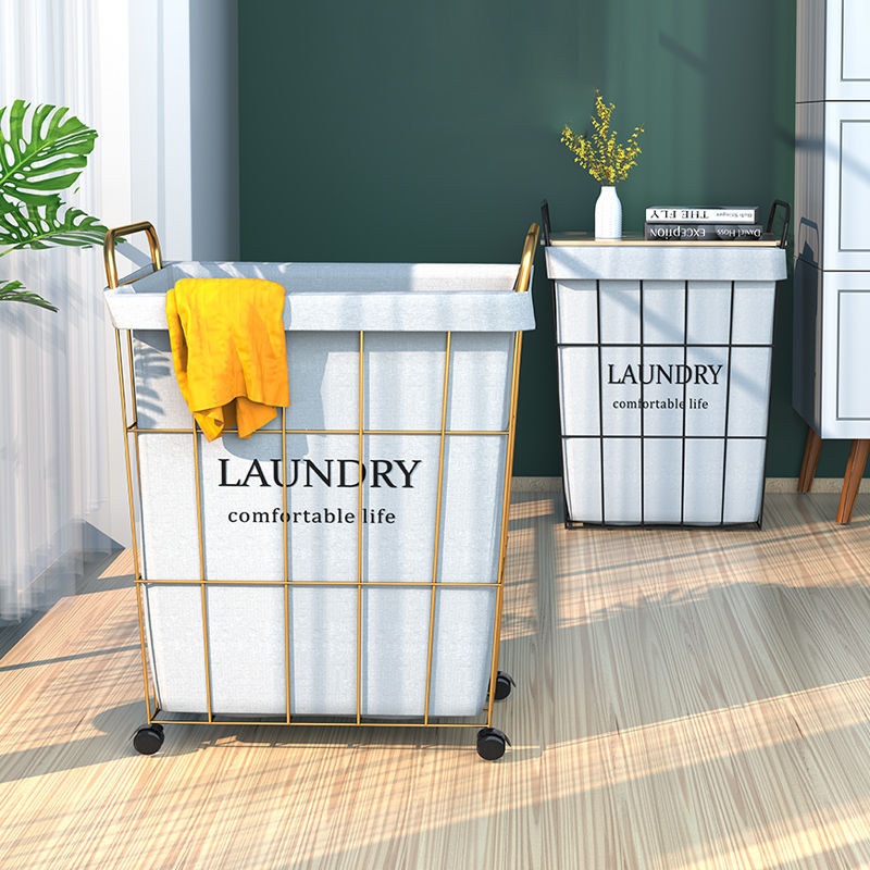 带盖带轮收纳筐大号玩具家居脏衣篓 铁艺滑轮浴室简约收纳脏衣篮