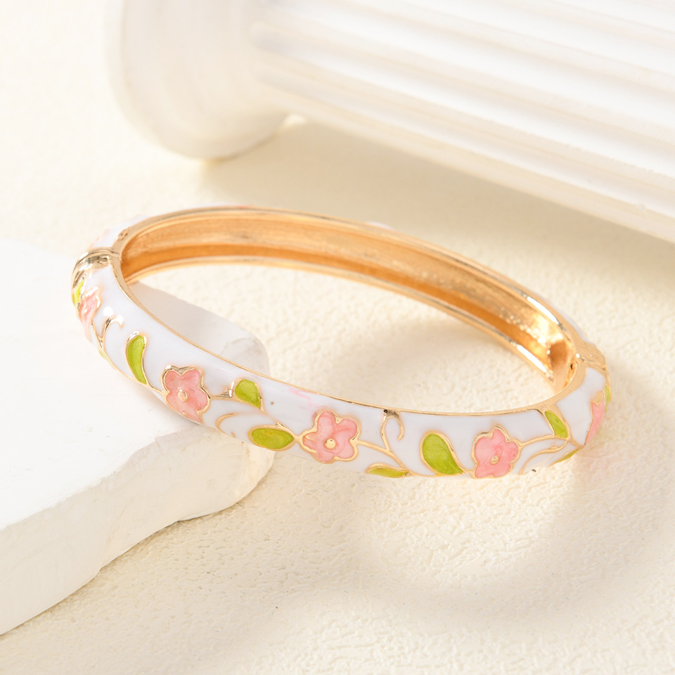 xiaohongshu cloisonne bracelet vintage court style enamel drop oil bracelet emerald flower series pink details Picture