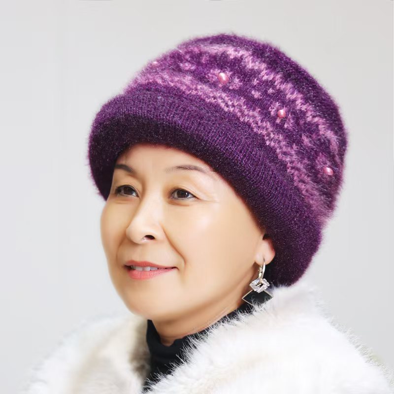 2025 winter new hat female middle-aged and elderly moms' hat fleece-lined warm wool knitted hat old lady hat manufacturer details Picture