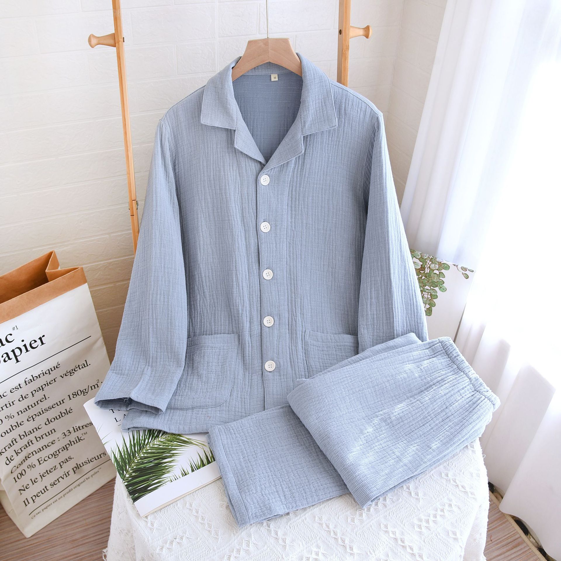 spring, autumn and winter cotton four-layer gauze couple's pajamas sets plus size home wear long sleeve trousers crepe cotton suit Specification drawing