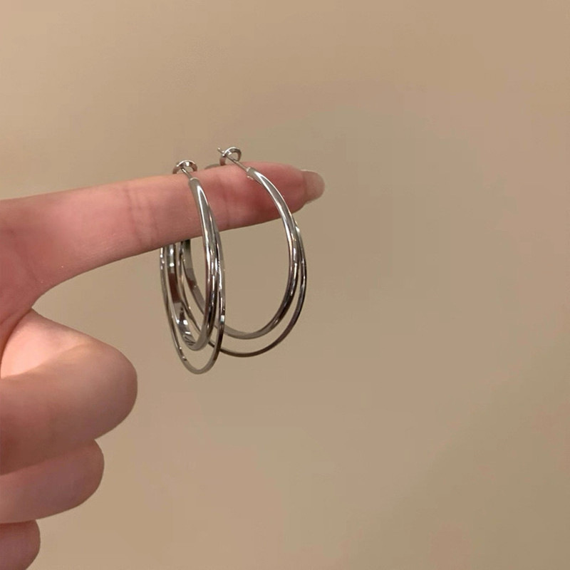 silver double layer hoop earrings women's light luxury high-grade temperament big ear ring circle ear studs simple bracelet ear clip earrings full figure