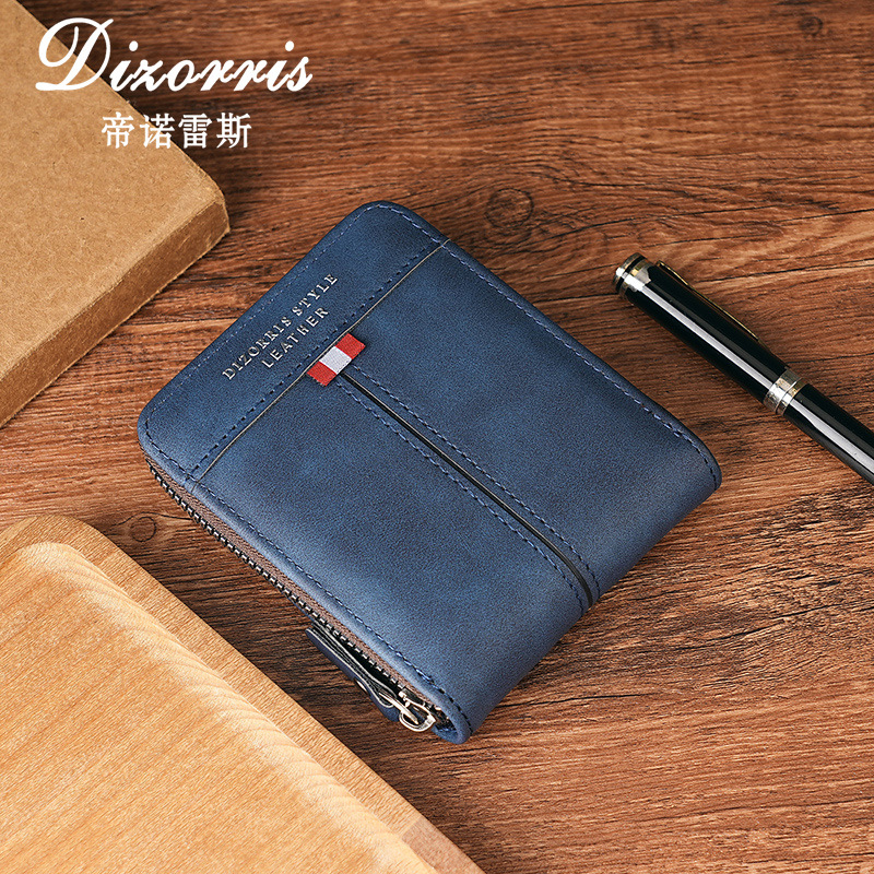 2024 new cross-border men's wallet short horizontal zipper tri-fold coin purse vintage casual buckle cubic bag details Picture