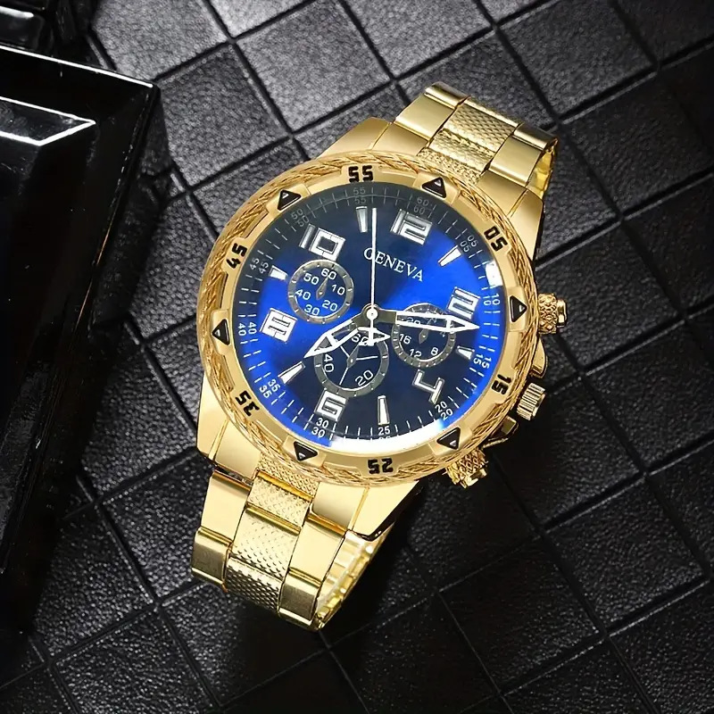 cross-border hot blue light colorful glass men's watch steel band quartz watch digital engraved vacation three-eye watch wholesale full figure