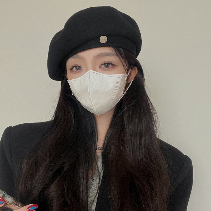woolen big head circumference beret women's autumn and winter new korean style online red face small warm painter hat details Picture