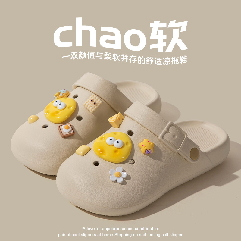women's outdoor hole shoes summer bathroom non-slip thick bottom toe cap eva shit feeling pregnant women beach slippers summer details Picture