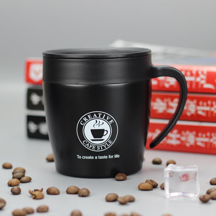 304 stainless steel mug cup office household coffee cup with spoon double layer with lid foreign trade cross-border gift cup Specification drawing